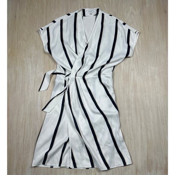 Equipment Striped Work Elegant Short Date Night Sleeve Wrap Midi Dress Medium - Picture 1 of 14